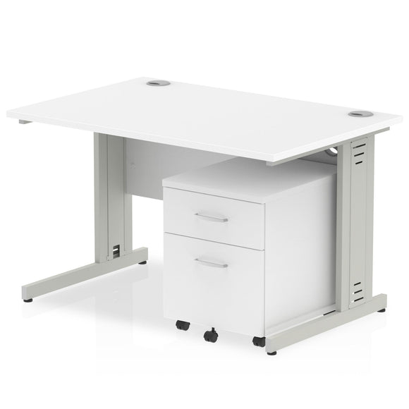 Impulse 1200 x 800mm Straight Desk White Top Silver Cable Managed Leg with 2 Drawer Mobile Pedestal Bundle