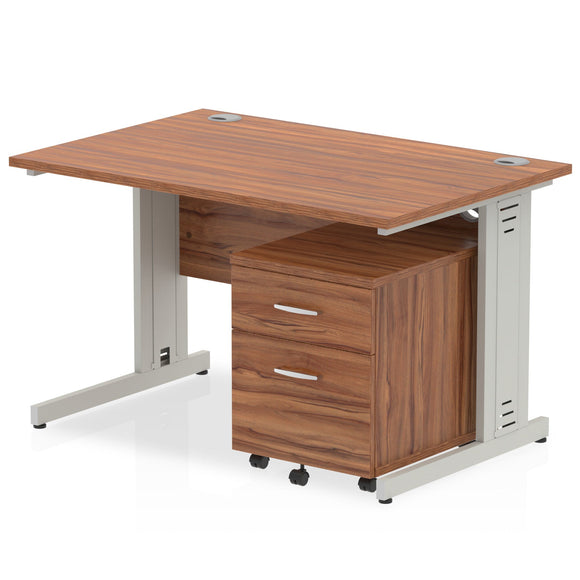 Impulse 1200 x 800mm Straight Desk Walnut Top Silver Cable Managed Leg with 2 Drawer Mobile Pedestal Bundle