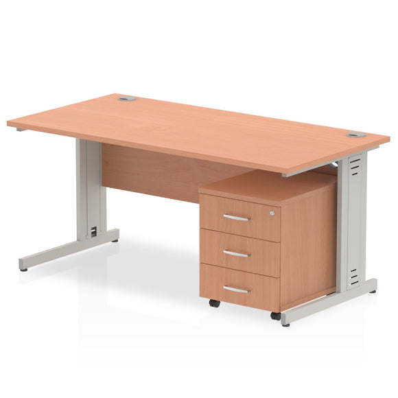Impulse 1200 x 800mm Straight Desk Beech Top White Cable Managed Leg with 2 Drawer Mobile Pedestal Bundle