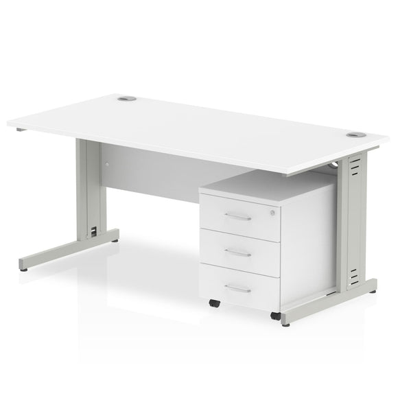 Impulse 1200 x 800mm Straight Desk White Top Silver Cable Managed Leg with 3 Drawer Mobile Pedestal Bundle