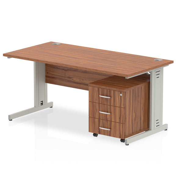 Impulse 1200 x 800mm Straight Desk Walnut Top Silver Cable Managed Leg with 3 Drawer Mobile Pedestal Bundle