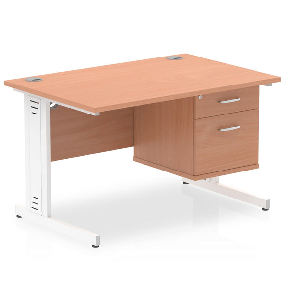 Impulse 1200 x 800mm Straight Desk Beech Top White Cable Managed Leg with 1 x 2 Drawer Fixed Pedestal