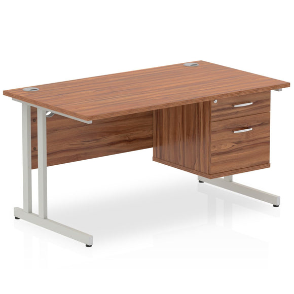 Impulse 1200 x 800mm Straight Desk Walnut Top Silver Cantilever Leg with 1 x 2 Drawer Fixed Pedestal