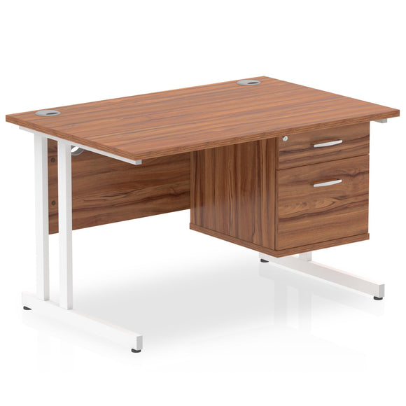Impulse 1200 x 800mm Straight Desk Walnut Top White Cantilever Leg with 1 x 2 Drawer Fixed Pedestal