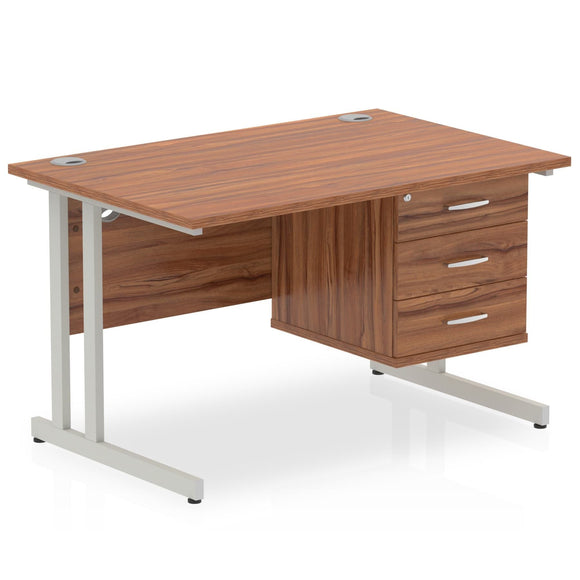 Impulse 1200 x 800mm Straight Desk Walnut Top Silver Cantilever Leg with 1 x 3 Drawer Fixed Pedestal