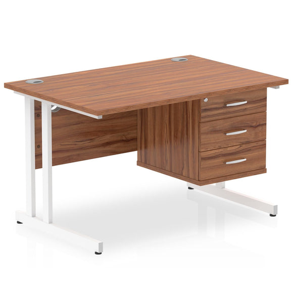 Impulse 1200 x 800mm Straight Desk Walnut Top White Cantilever Leg with 1 x 3 Drawer Fixed Pedestal
