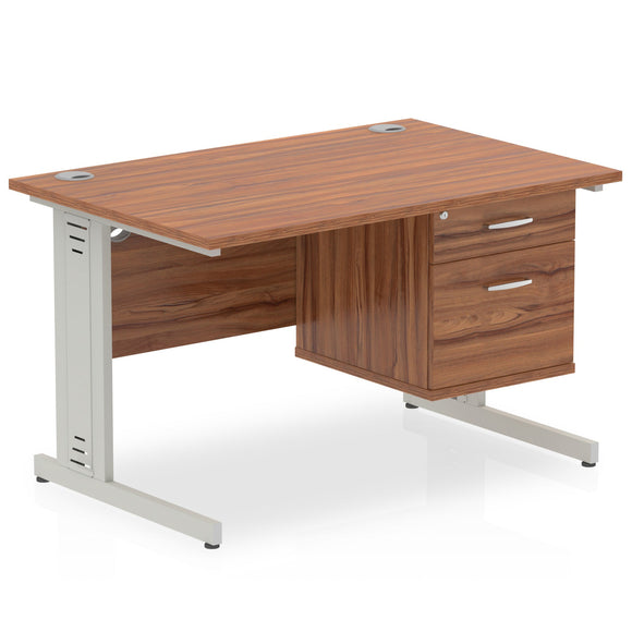 Impulse 1200 x 800mm Straight Desk Walnut Top Silver Cable Managed Leg with 1 x 2 Drawer Fixed Pedestal