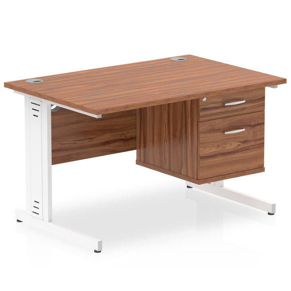 Impulse 1200 x 800mm Straight Desk Walnut Top White Cable Managed Leg with 1 x 2 Drawer Fixed Pedestal