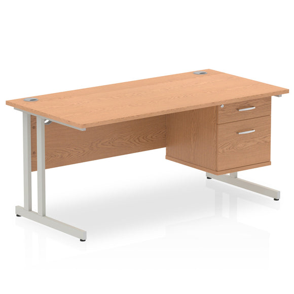 Impulse 1600 x 800mm Straight Desk Oak Top Silver Cantilever Leg 1 x 2 Drawer Fixed Pedestal