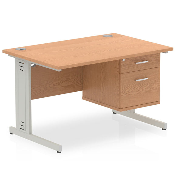 Impulse 1200 x 800mm Straight Desk Oak Top Silver Cable Managed Leg with 1 x 2 Drawer Fixed Pedestal