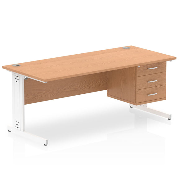 Impulse 1800 x 800mm Straight Desk Oak Top White Cable Managed Leg 1 x 3 Drawer Fixed Pedestal