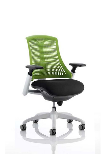 Flex Task Operator Chair White Frame Black Fabric Seat With Green Back With Arms With Headrest